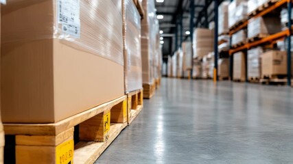 warehouse aisle with pallets of corrugated roofing sheets wrapped in protective film, industrial storage with variety of goods - Powered by Adobe