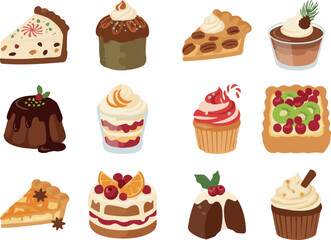 A festive collection of Christmas desserts including pies, cupcakes, puddings, trifles, and fruit tarts, illustrated in a cozy flat style with warm holiday colors.