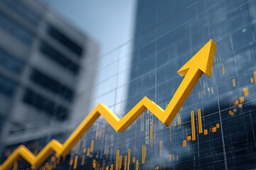 Upward zig-zag arrow over cityscape