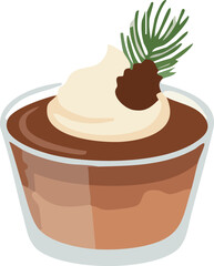 A creamy chocolate dessert served in a glass cup, topped with whipped cream and a tiny pinecone decoration for a festive winter look.