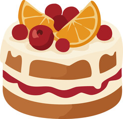 A festive layered cake decorated with bright orange slices and red berries, illustrated in a cozy flat style for winter and holiday themes.