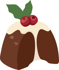 A classic Christmas pudding topped with creamy icing, red berries, and holly leaves, illustrated in a warm and cozy flat style.