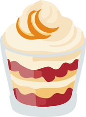 A layered holiday trifle in a glass cup, filled with cream, sponge cake, and berry jelly, topped with whipped cream and orange slices in a cozy flat style.