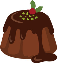 A rich chocolate pudding covered in glossy melted chocolate and topped with berries and green sprinkles, illustrated in a cozy festive flat style.