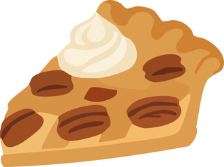 A warm slice of pecan pie topped with a swirl of whipped cream, illustrated in a cozy festive flat style.