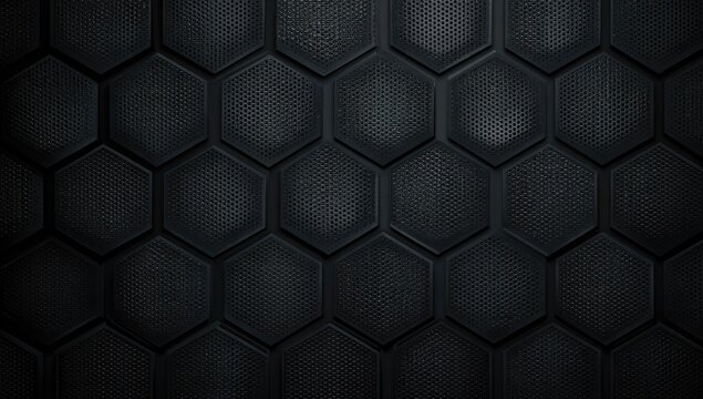 Dark abstract background featuring a repeating geometric pattern of hexagonal shapes, creating a textured surface - Powered by Adobe