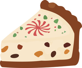 A festive slice of creamy holiday cheesecake with colorful candy pieces and a decorative peppermint swirl, illustrated in a warm cozy flat style.