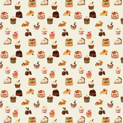 A seamless festive pattern featuring assorted Christmas desserts such as cakes, pies, cupcakes, puddings, and trifles, illustrated in a warm cozy flat style on a light background.