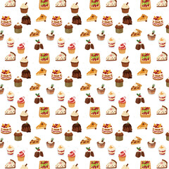 A seamless festive pattern featuring assorted Christmas desserts such as cakes, pies, cupcakes, puddings, and trifles, illustrated in a warm cozy flat style on a light background.