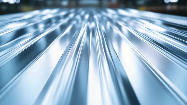 stacked metal roofing sheets with corrugated profile neatly arranged in hardware store under bright industrial lighting, clean background