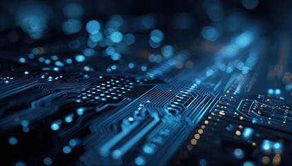 Close-up view of a complex circuit board, illuminated with blue and gold bokeh lights