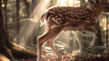 Fawn deer forest bathed by sunlight, resting soft moss and fern amid autumn woodland tranquil wildlife scene captures nature�s serene grace, young deer peacefully resting as golden rays illuminate