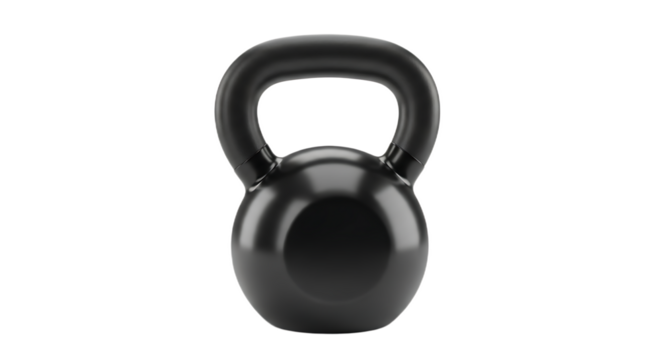 A glossy black kettlebell centered on a black background for weight training and strength conditioning use