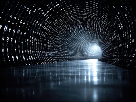 Digital tunnel of binary code with light at the end, glossy reflection - Powered by Adobe