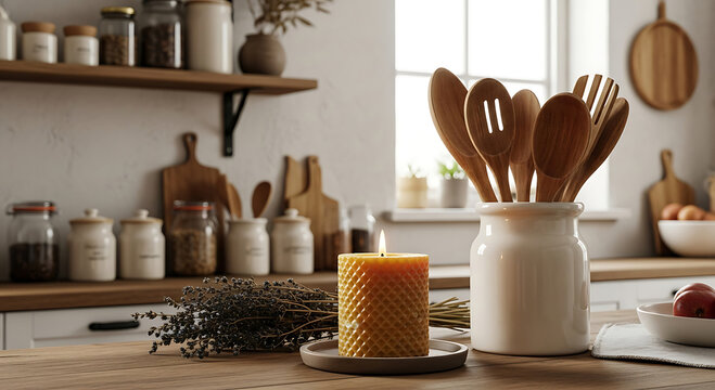 Warm kitchen setting with burning candle, wooden tools and herbs - Powered by Adobe