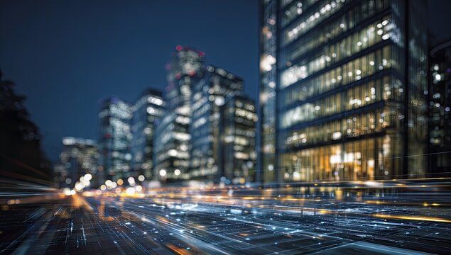 Nighttime cityscape with blurred streaks of light and tall illuminated buildings