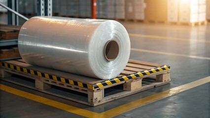 Industrial plastic wrap roll on wooden pallet ready for use