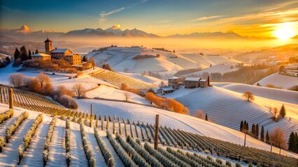Winter vineyard landscape at sunset in italy