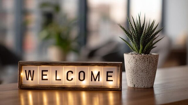 Welcome sign lightbox wooden frame warm light indoor decor succulent plant potted cactus modern office reception desk cozy ambiance soft focus blurred background hospitality greeting lobby inviting