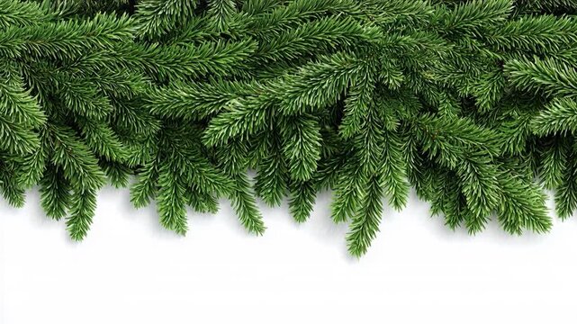 Evergreen fir pine branch foliage needle green border isolated white background conifer spruce natural winter holiday decoration botanical texture pattern closeup detail vibrant fresh festive