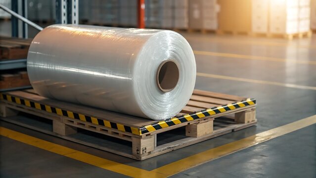 Industrial plastic wrap roll on wooden pallet ready for use