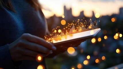 Businesswoman holding tablet with glowing 3d graph depicting dropping CO2 emissions before panoramic reforested land