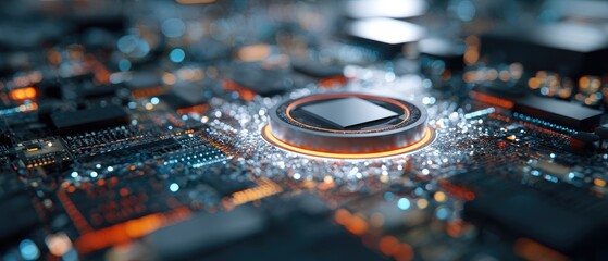 A close-up view of a circuit board with a central processor and glowing lights