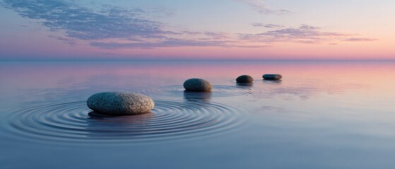 Rocks in serene water with pink sky, creating ripples, calm and peaceful