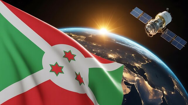 Burundis flag waving proudly in space with satellite orbiting the earth