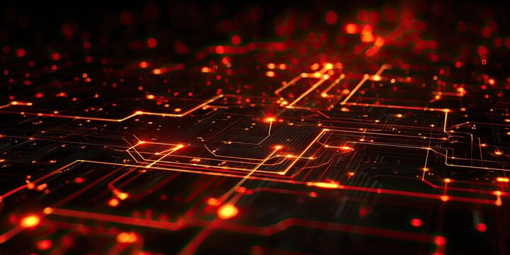 Abstract, glowing circuit board with orange lines and dots against a dark background