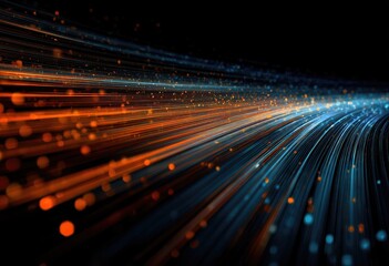 Abstract illustration of glowing, curved lines in orange and blue against a dark backdrop