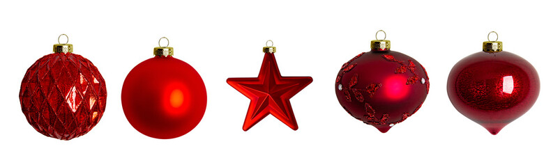 Red Christmas decoration balls and star isolated on empty transparent background. Christmas holiday...