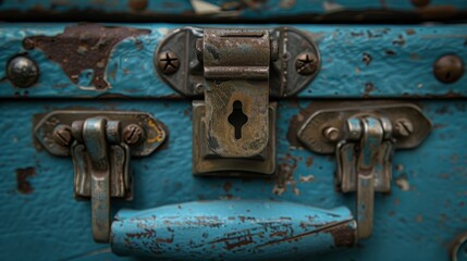 Close-up of a weathered, vintage blue suitcase with rusty metal latch and lock. Retro travel, adventure, and antique texture concept.