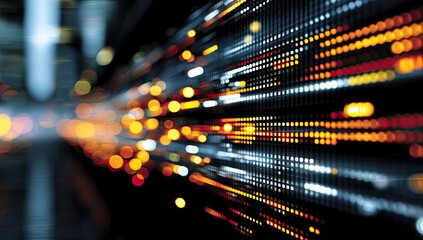 Abstract digital image featuring blurred lights in various shades on a dark background