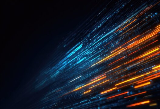 Abstract depiction of data streams with dynamic streaks and an ethereal glow against dark backdrop