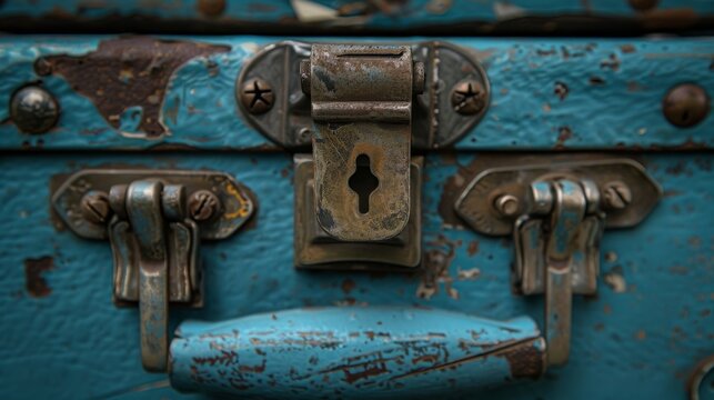 Close-up of a weathered, vintage blue suitcase with rusty metal latch and lock. Retro travel, adventure, and antique texture concept. - Powered by Adobe
