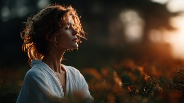 Close-up of a young woman meditating outdoors, eyes closed, bathed in golden sunset light. Her expression is peaceful, highlighting a connection to nature and wellness.