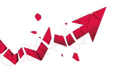 Abstract geometric red arrow shape with fragmented polygons and wireframe elements isolated on transparent background