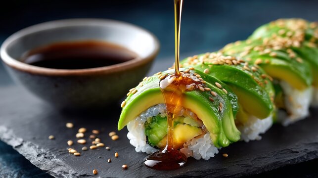 Close-up of avocado uramaki drizzled with soy sauce and sprinkled with sesame seeds, served on a dark slate plate.