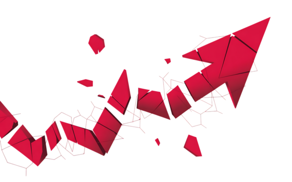 Abstract geometric red arrow shape with fragmented polygons and wireframe elements isolated on transparent background - Powered by Adobe