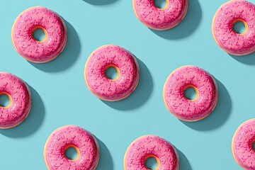 Donuts with pink frosting arranged in a diagonal pattern against light blue