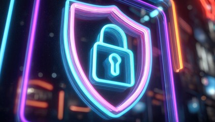 A glowing neon sign, depicting a shield and lock symbol, on a blurry city background