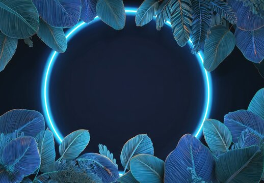 Blue glowing circle surrounded by lush, detailed green and blue foliage, elegant digital composition - Powered by Adobe