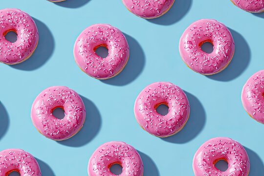 Repeated donuts with pink icing and sprinkles against a bright blue background