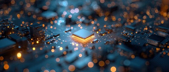 Macro view of a glowing central processor unit on a circuit board with bokeh light effects