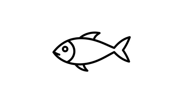 A simple black and white line drawing of a fish. The fish has basic features, a single eye, and fins. Its body is curved