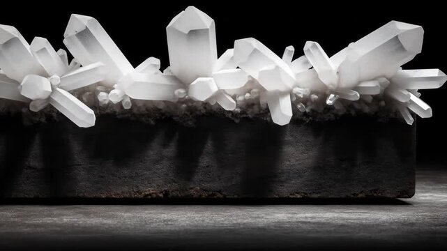 A cluster of transparent, pointed mineral crystals sits atop a rough, dark, blocky base against black