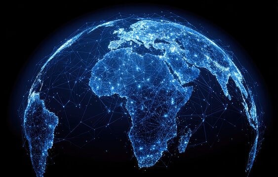 Glowing global network rendering centered on Africa with interconnected nodes