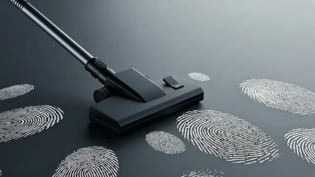 A vacuum cleaner sweeping away fingerprints on black surface, security and data privacy in guest management, hospitality business legal compliance