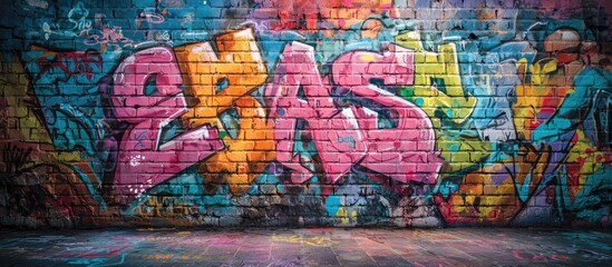 Brightly painted graffiti murals on a brick wall with floor splatter